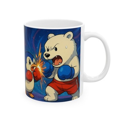 Cosmic Boxing Showdown Mug   Penguin vs Polar Bear Fantasy Fight night 