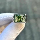 Men’s Moss Agate Rectangle Ring 925 Silver Statement Jewelry Designer Signet