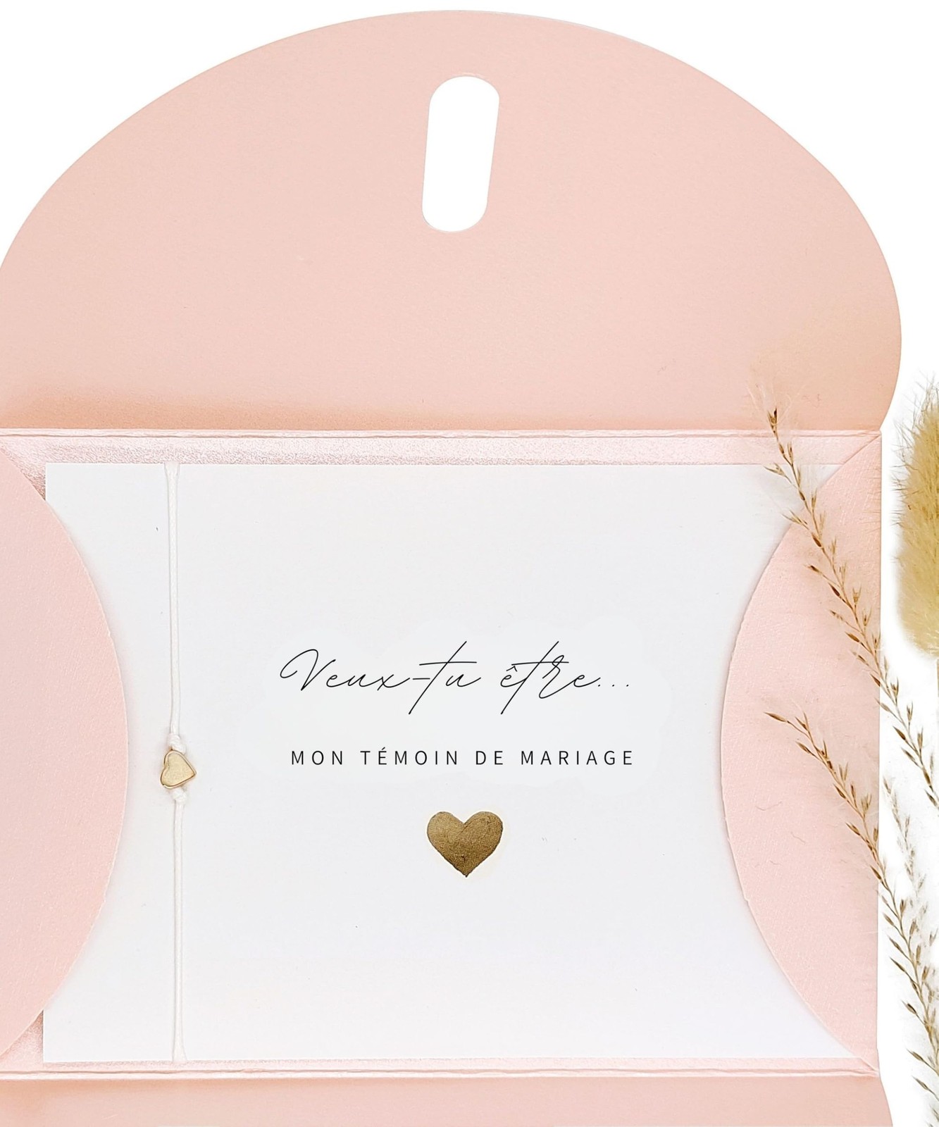 Carte demande témoin mariage avec cadeau bracelet femme or et pochette enveloppe cœur - 2