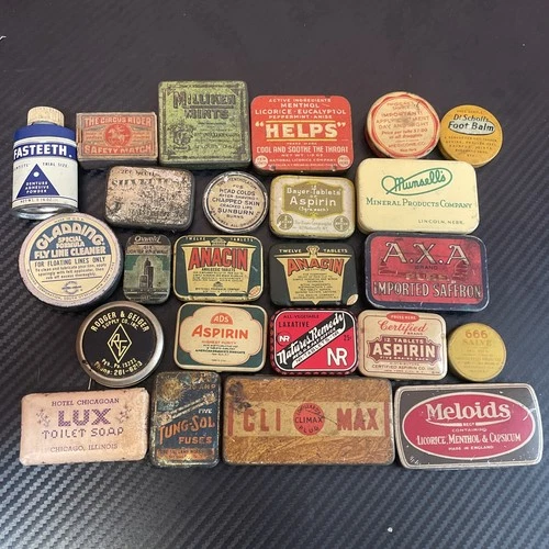 Lot of 24 Vintage Medicine, Tobacco, Fuses, Lighter, Fly Fishing, Soap Tins