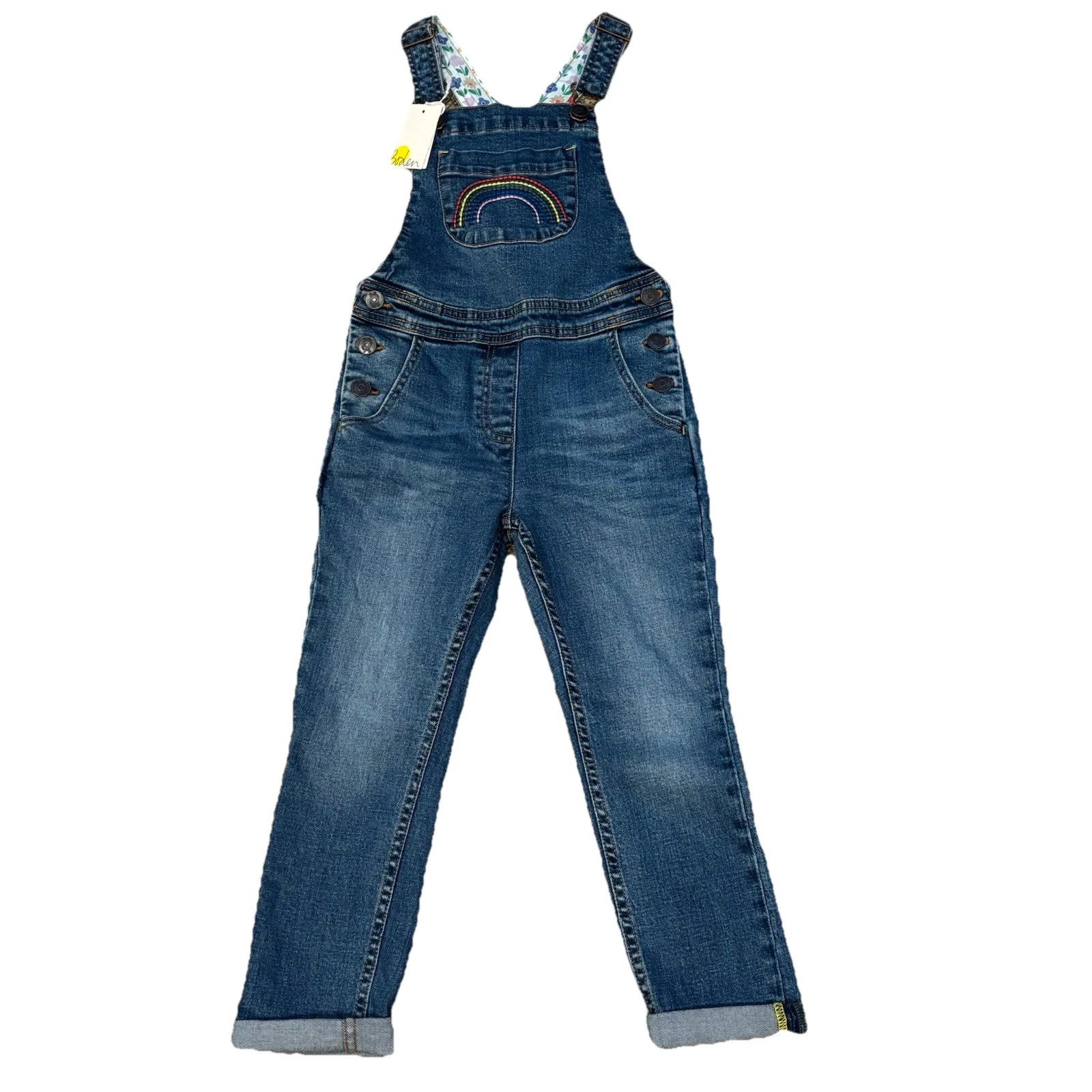 Boden Girls Embroidered Rainbow Denim Overalls Size 5-6 Years | 116 cm