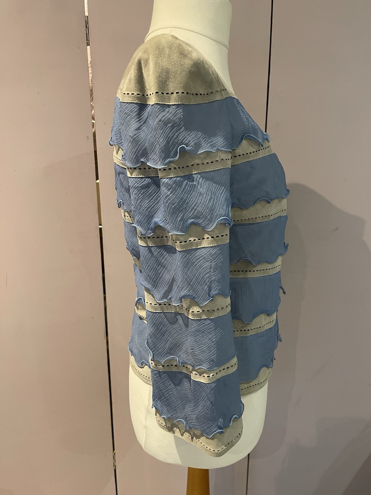 Salvatore Ferragamo Rare Beige Leather & Blue Silk Frill Jacket UK12 image 8
