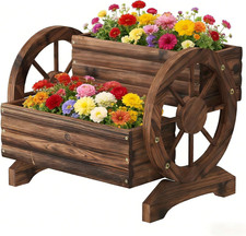 Wooden Wagon Planter Wooden Flower Cart with Wheels Outdoor Garden Planter, Deco
