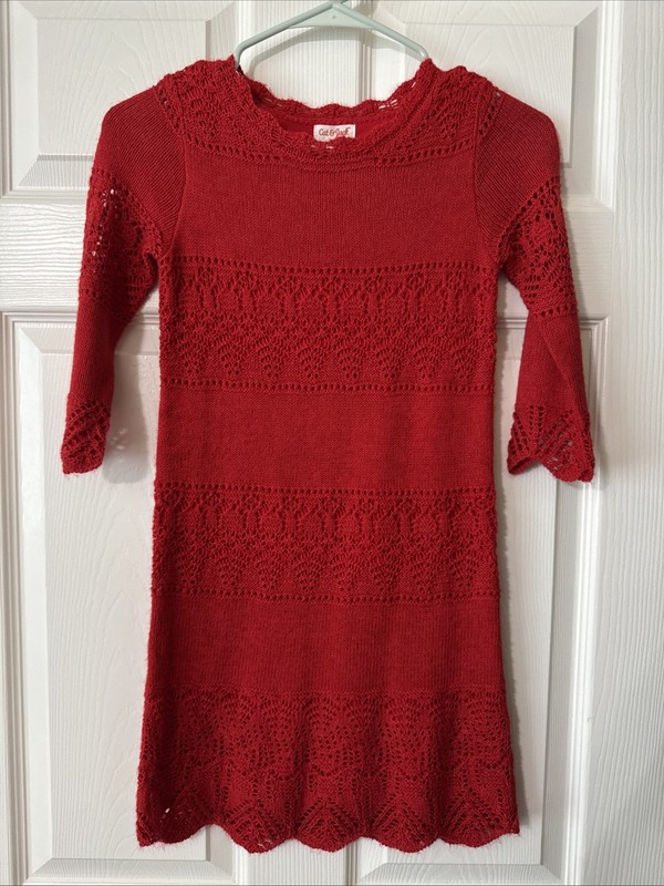 Cat & Jack Crochet Knit Red Girls Dress- Size Medium 7/8- VGUC