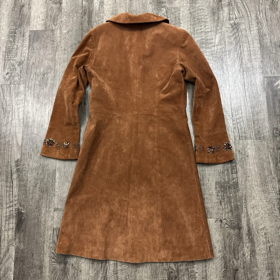 Hot in Hollywood Suede Leather Beaded Floral Embellished Long Jacket Brown S - Image 2 of 4