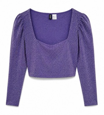Divided by H&M Purple Glitter Cropped Puff Long Sleeve Square Neck Blouse M