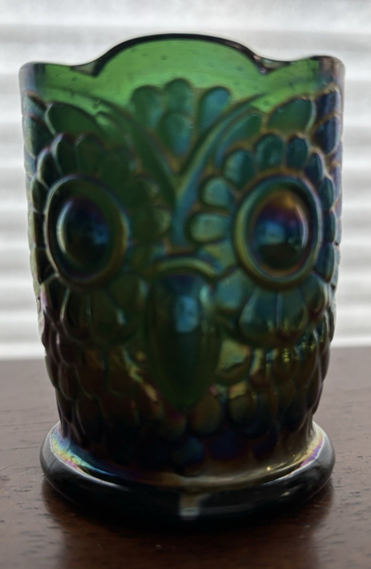 VTG Iridescent Green Bob St.Clair Owl Carnival Art Glass Toothpick/Match Holder