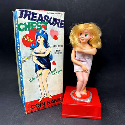 Illfelder Treasure Chest Coin Bank Risque Doll ''Take it Off'' w Box - Vintage