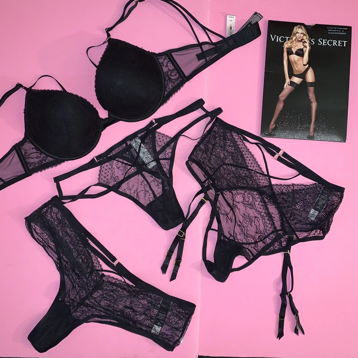 Victoria's Secret 34C BRA SET M high-waist garter Panty thong strappy BLACK  lace