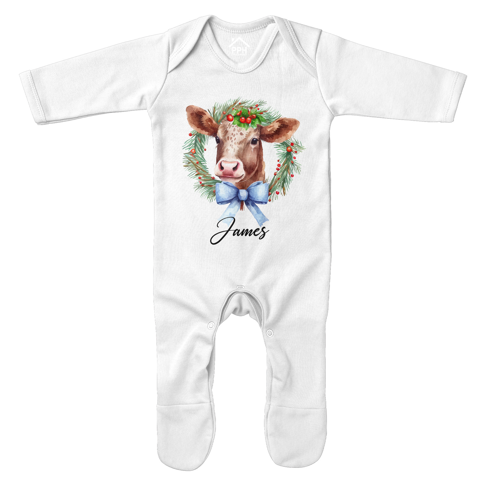 Personalised Cow Christmas Wreath Romper Suit Baby Xmas Girl Boy Festive Pres...