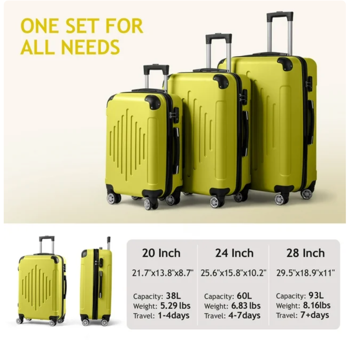 Zimtown 3-Piece Butter Yellow Hardside Lightweight Spinner Luggage