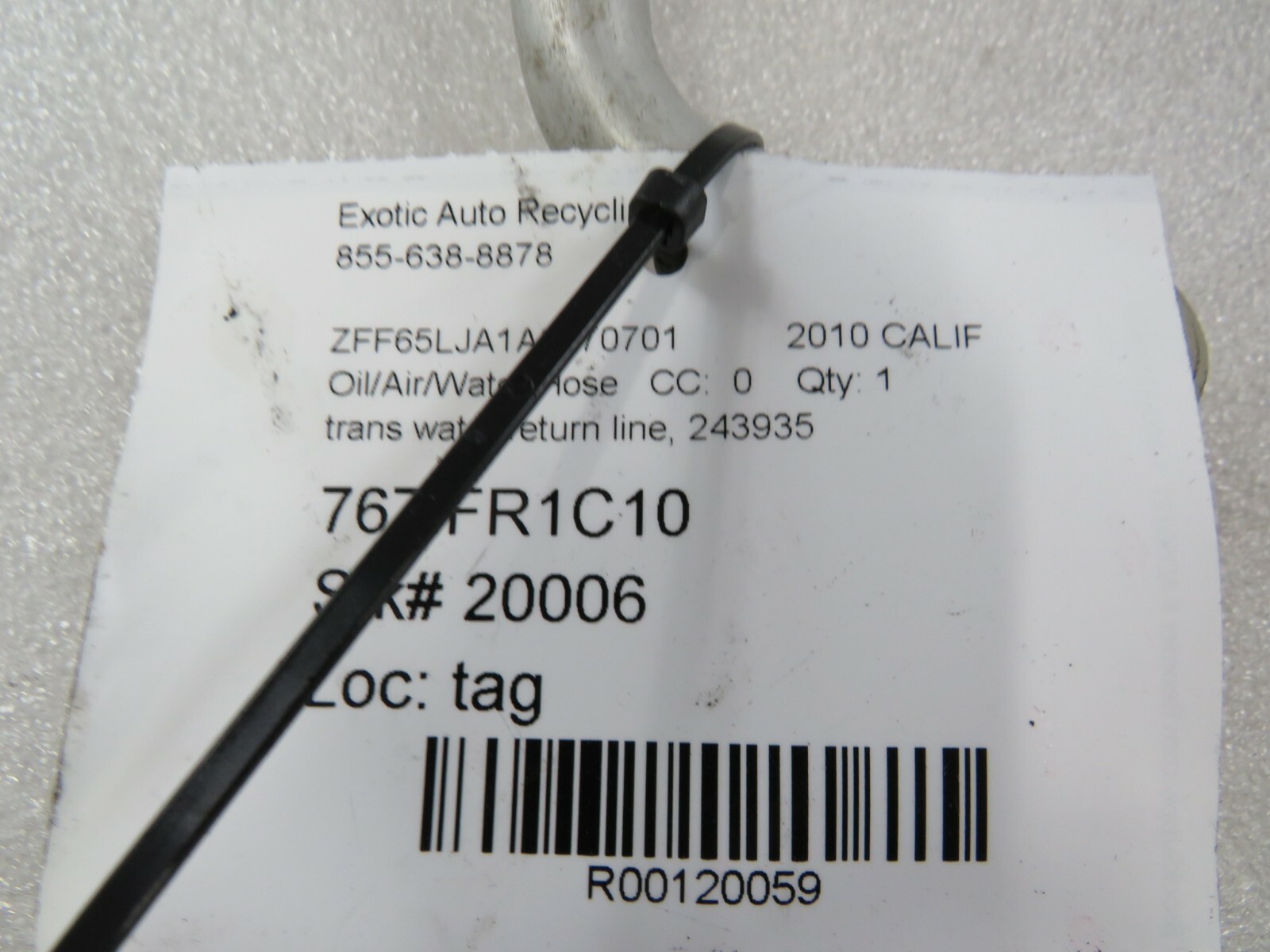 Ferrari California, Transmission Water Return Line, Used, P/N 243935