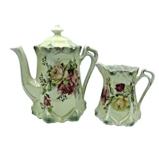 G. Wiegand Germany Gold Trim Floral Pitcher & Creamer Set Red Letter RARE AS IS