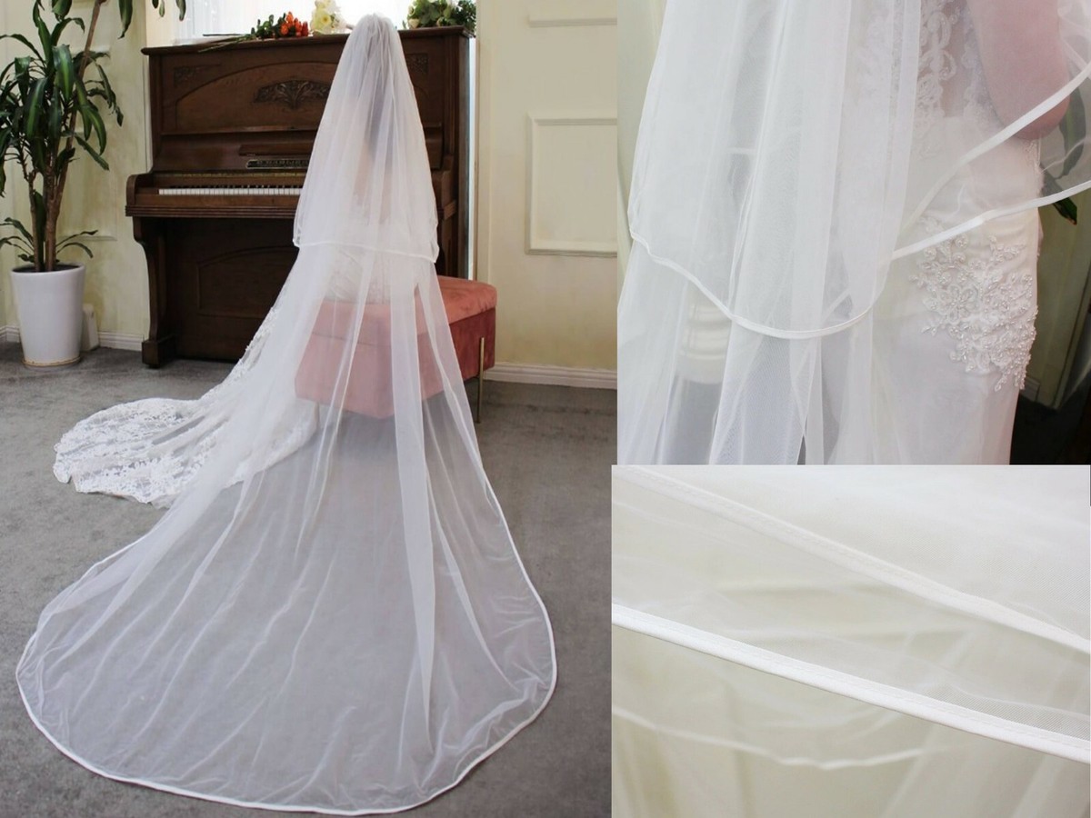 bridal ribbon satin edge ivory and white 2 tier veil | eBay
