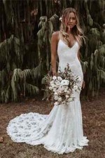Boho Mermaid Wedding Dresses Spaghetti Straps Lace Backless Sexy Bridal Gowns