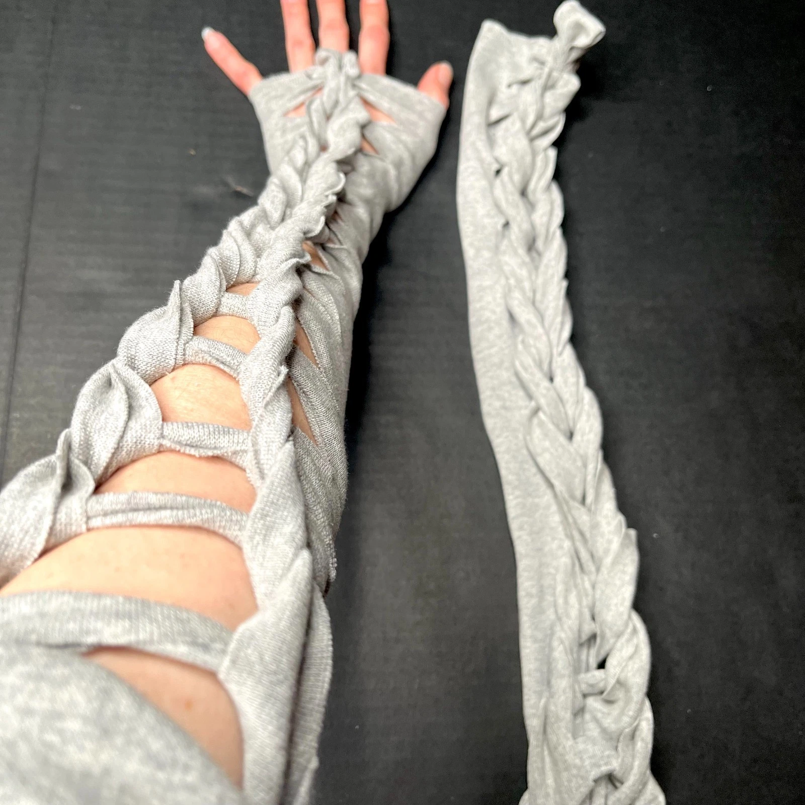 Long Lace Up Gloves Gray Cotton Arm Warmers Sleeves Cut Out Apocalypse Costume