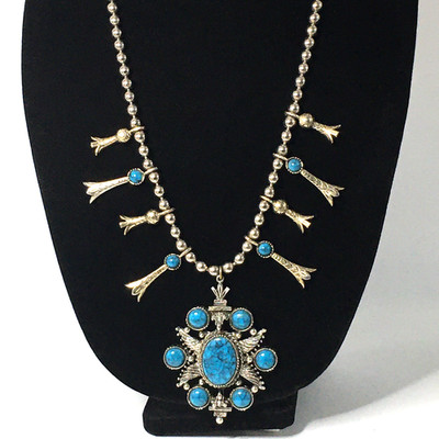 Vtg ART ARTHUR PEPPER Squash Blossom Necklace Simulated Turquoise 25''