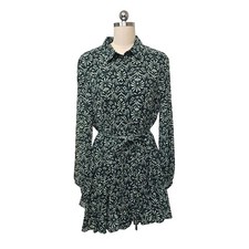 ZARA Green Floral Print Long Sleeve Collared Belted Ruffle Dress Women's Sz XXL