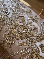 Beige Gold Floral Beaded Sequin Satin Clutch Bag w/ Chain Strap