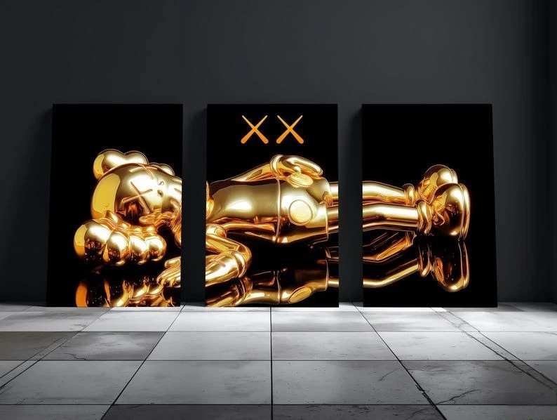 Set of 3 Gold Kaws Laying Art pieces canvas wall home decor Portrait Gallery - Image 2 of 4