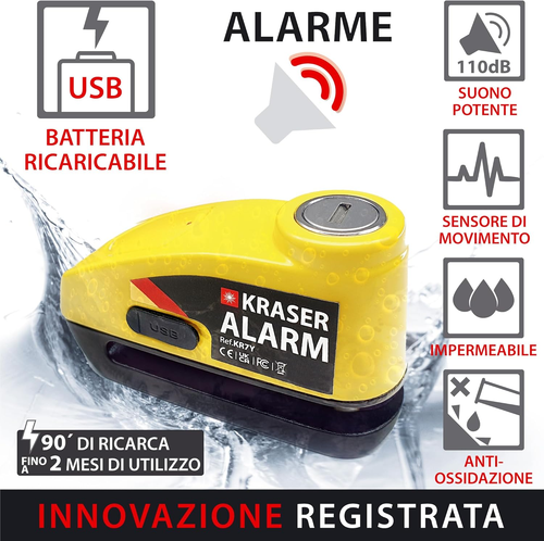 KR7Y Antifurto Moto Blocca Disco Con Allarme 110Db, USB Batteria Ricaricabile, S - Foto 3 di 12