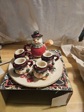 Vintage Miniature Christmas Snowman 7pc MINI TEA SET Plate Pot with Lid  4 Cups