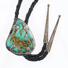 Vintage southwestern sterling silver large turquoise stone bolo tie