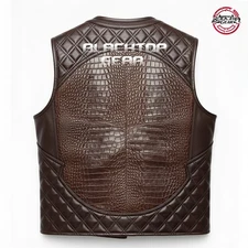 Men's Vintage Brown Embossed Leather Vest Concealed Carry Biker Diamond Quilted