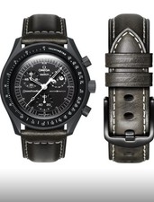 Omega swatch compatible black leather white stitching strap 22mm new boxed box