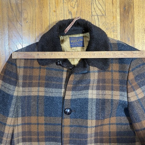 Vintage Pendleton Jacket Brown Plaid Wool USA 50s Car Coat Large Faux Fur Collar - Picture 14 of 23
