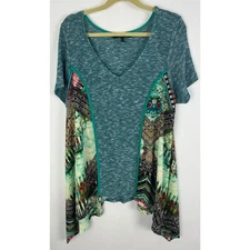 Poeme by Citron Size XL Wearable Art Tunic Top Asymmetrical Hem Blue Colorful