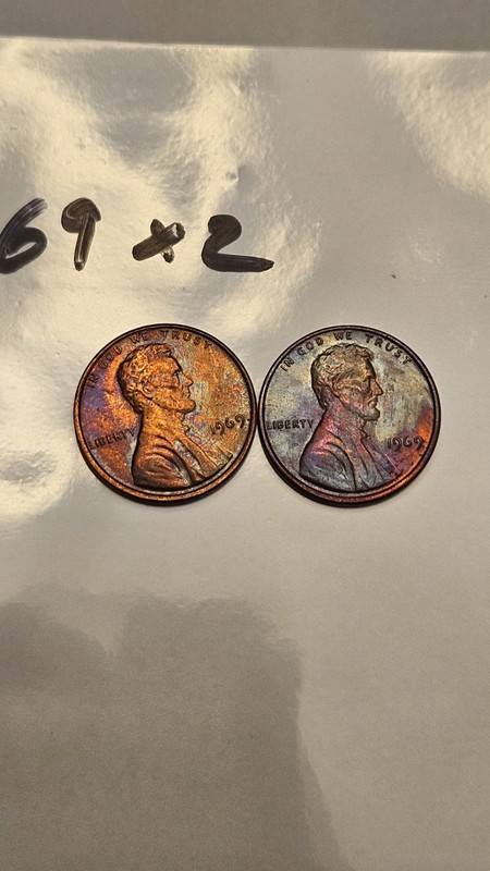  1969 LINCOLN CENT RAINBOW TONED 2 PENNY'S BU 1969-P PURPLE/BLUE UNC LOT #B
