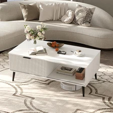 Coffee Table with Storage, 2-Tier Wooden Coffee Table with Sliding Door, Solid W