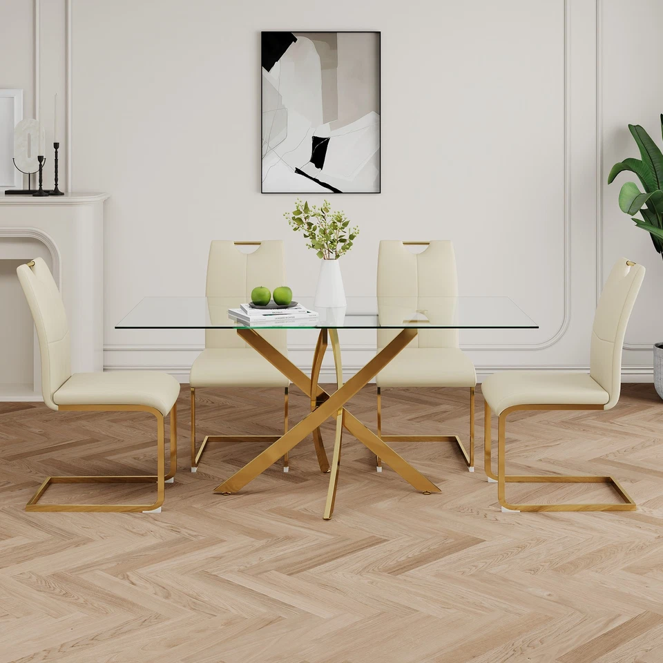 浅黄色聚氨脂合成餐椅带金色金属支腿和内饰座椅(4件套) — 第 4/4 张图片