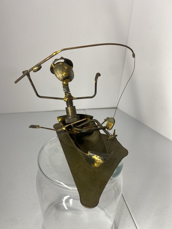 Vintage Early 1900 Metal Folk Art Fisherman in Rowboat Sculpture – Brass Welded
