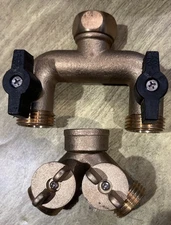 Set Of 2 Heavy Duty Brass 2 Way Y Splitter Garden Hose Connector, Ball Valve