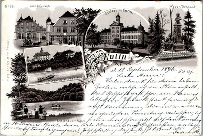 LITHO GRUSS AUS EUTIN OSTHOLSTEIN HOTEL VOSS HAUS + HOLSTEINISCHE SCHWEIZ 1896