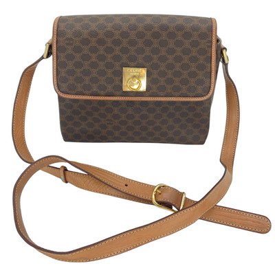 CELINE Vintage Shoulder Bag Macadam Circle Hardware PVC Leather Brown Authentic