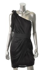 AQUA ~ Black Satin Draped Tulip Skirt One Shoulder Sheath Party Dress 6 NEW $188