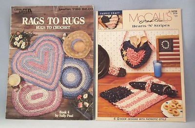 Crochet Fabric Craft Lot Of 2 Rugs Q-Hook Hearts N Stripes McCalls Leisure Arts 