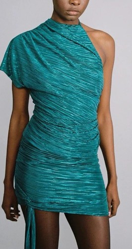 SABINA MUSAYEV Galactica Teal Green Foil Pleated Top Small NEW With Tags