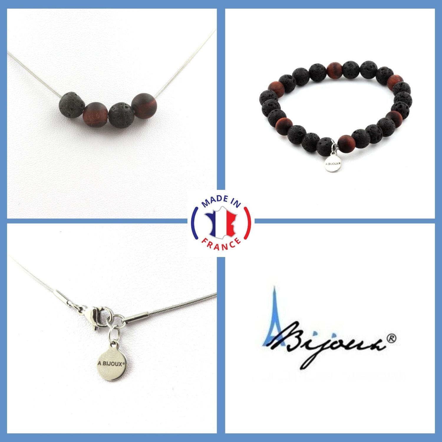 Parure en perles de lave et oeil de tigre rouge mat d'exception