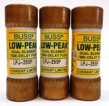 BUSS, BUSSMANN LOW-PEAK FUSE, LPJ-25SP, 25 AMPS, 600VAC / 300 VDC, LOT OF 3
