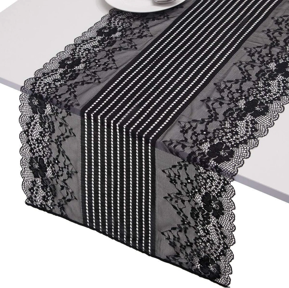 Vintage Black Embroidered Floral Lace Table Runner Rectangle Tablecloth Party - Image 2 of 4