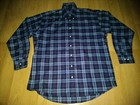 Vtg Burberry London plaid button up shirt in navy, red, and blue with white buttons, made in USA.