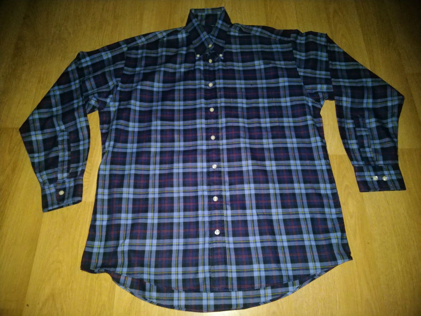 Vtg Burberry London plaid button up shirt in navy, red, and blue with white buttons, made in USA.