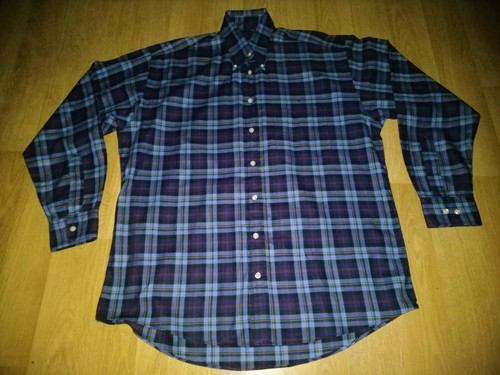 Vtg Burberry London plaid button up shirt in navy, red, and blue with white buttons, made in USA.