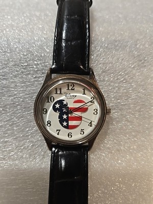 Disney Time Works American Flag Mickey Head Watch Leather Band Needs Battery