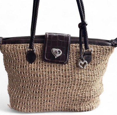  BRIGHTON Vintage Tan Straw Brown Leather Accent Purse with Signature Heart   