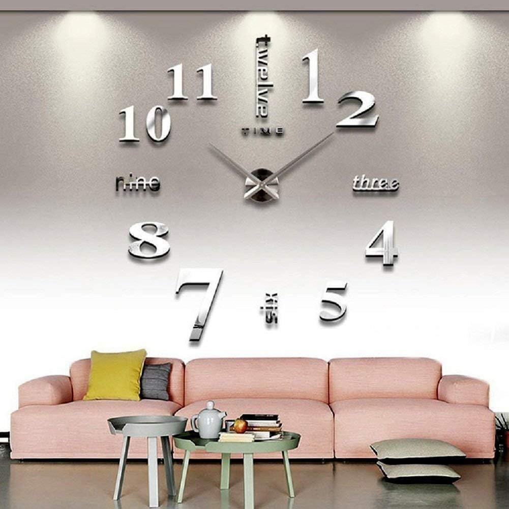 Large DIY 3D Frameless Silver Wall Clock–Oversized Modern Decor for Living Room